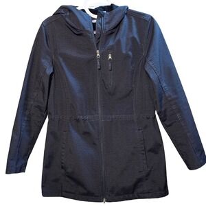 FREE TECH Black Hooded Soft Shell Jacket Women's Med M Full Zip Drawstring Waist